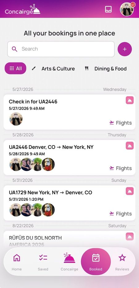 Concairge booked wallet listing all family reservations