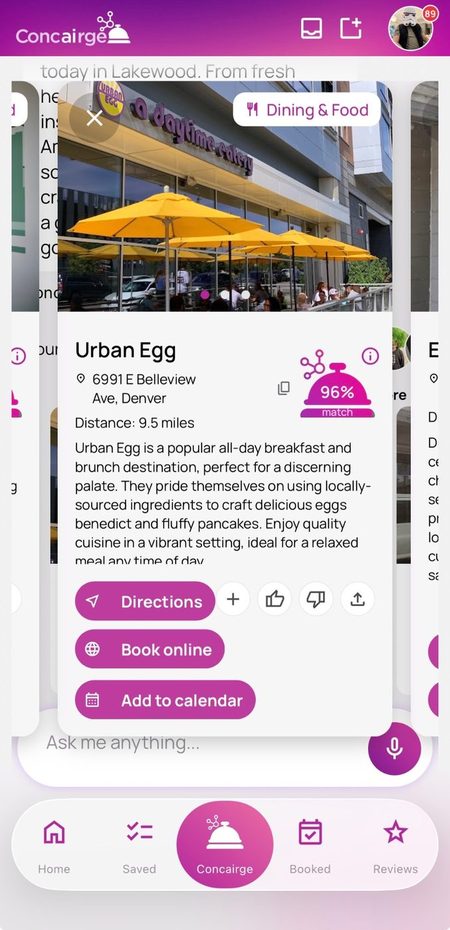 Concairge AI concierge surfacing a personalized restaurant recommendation