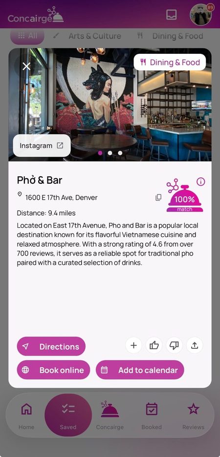 Concairge app saving a recommendation from social media